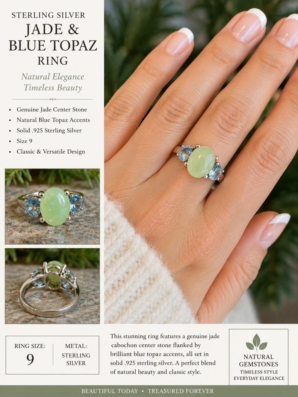 Sterling Silver Green Jade and Blue Topaz Ring